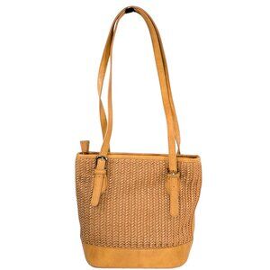 Miztique Tan Faux Leather Woven Medium Zip Tote Shoulder Bag